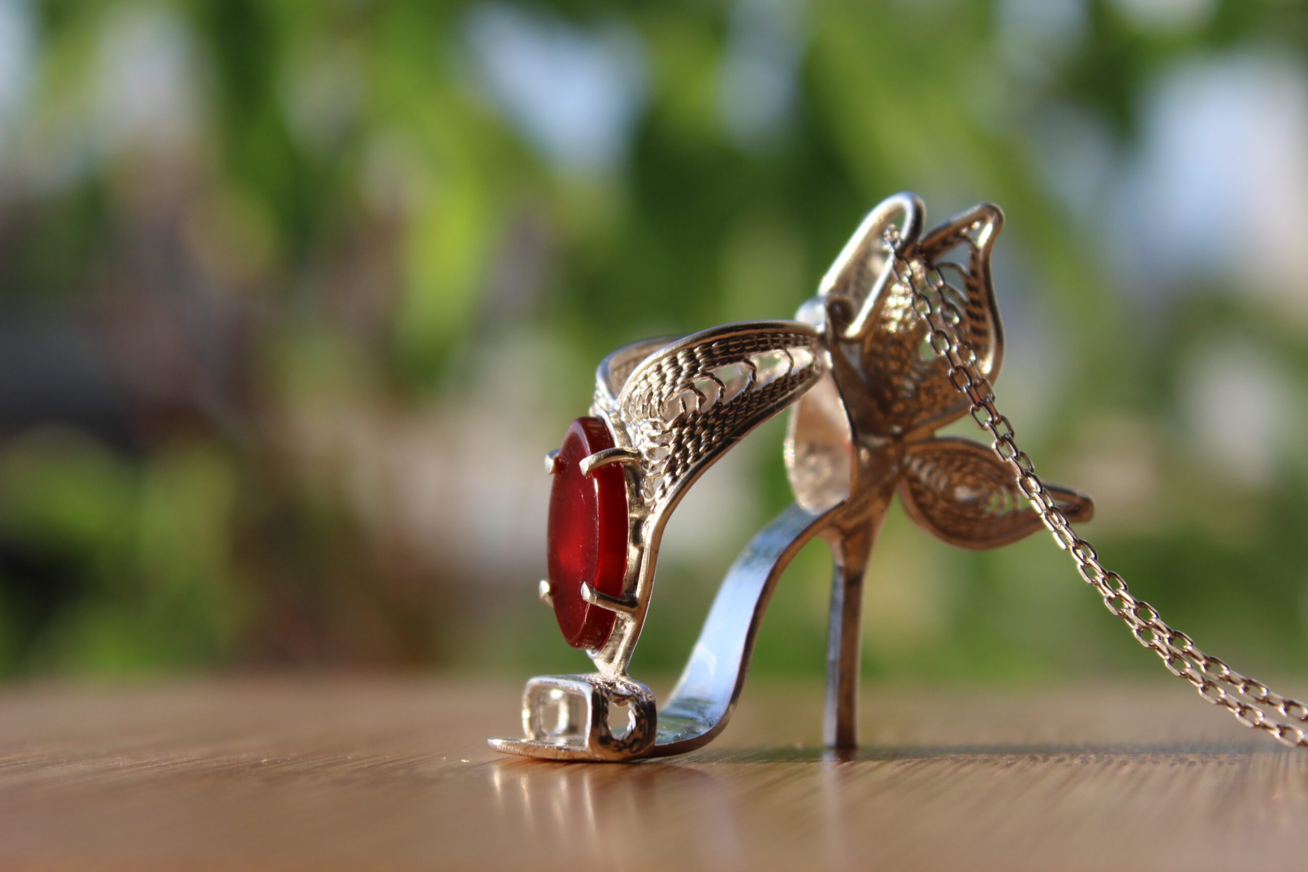 High Heel Filigree Sandal with Carnelian Stone and Butterfly